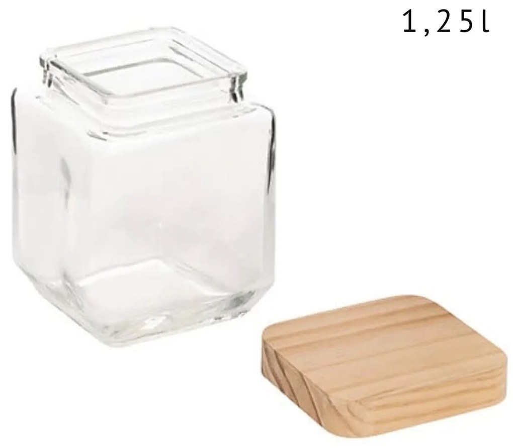 5Five® Sklenená bytelná dóza hranatá s dreveným vekom, 1,25l KWADR