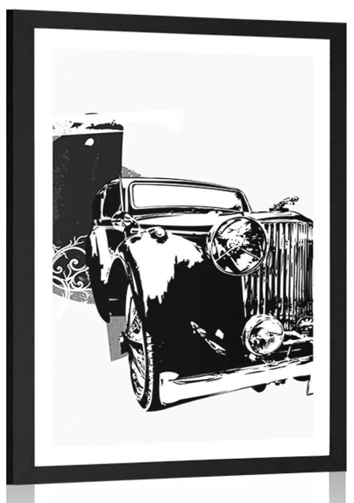 Plagát s paspartou čiernobiele retro auto s abstrakciou - 20x30 white
