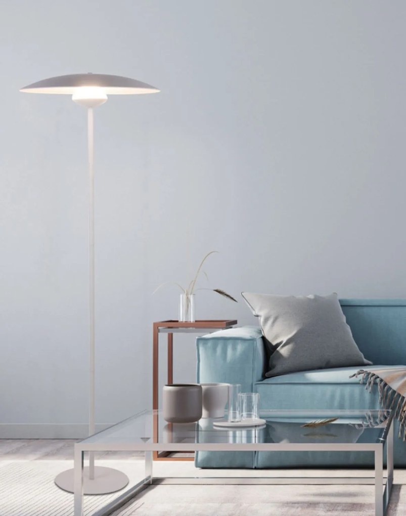 Stojaca podlahová LED lampa LUND, biele tienidlo tanier