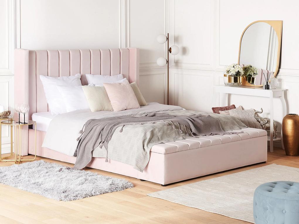 Zamatová posteľ s úložným priestorom 160 x 200 cm pastelová ružová NOYERS Beliani