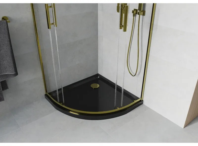 Mexen Rio, štvrťkruhový sprchovací kút s posuvnými dverami 80(dvere) x 80(dvere) x 190 cm, 6mm číre sklo, zlatý profil + čierna sprchová vanička SLIM, 863-080-080-50-00-4170G