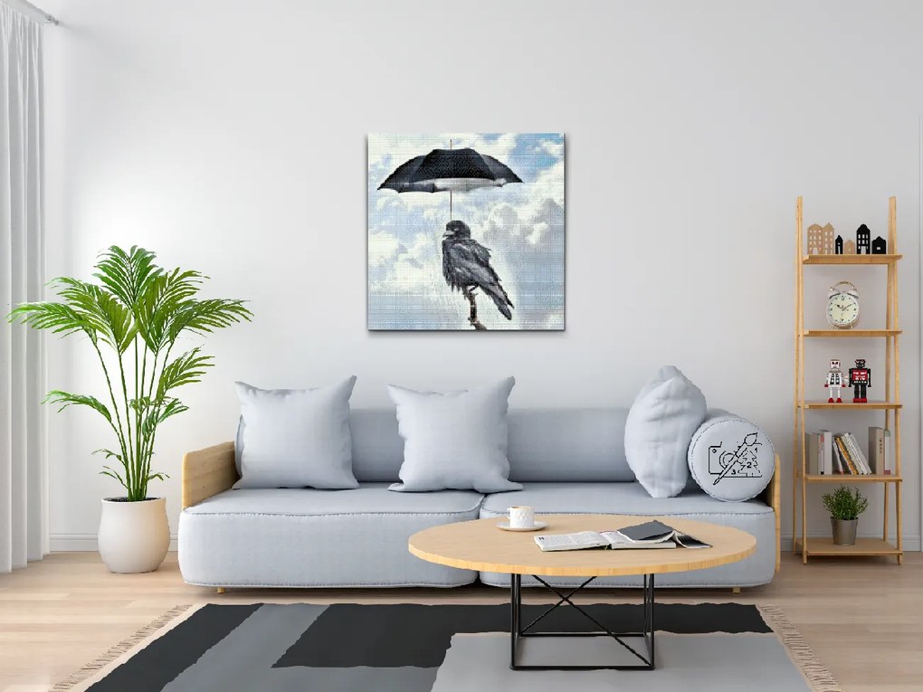Gario Diamantové maľovanie Havran pod dáždnikom Rozmery: 80 x 80 cm, Rámovanie: S vnútorným rámom, Diamanty: Štvorcové