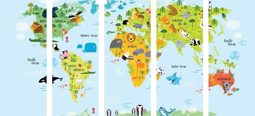 5-dielny obraz detská mapa sveta so zvieratkami - 100x50