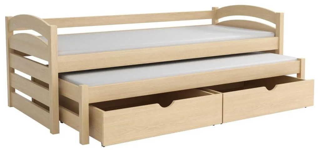 Detská posteľ z masívu borovice MONI s prístelkou a šuplíky - 200x90 cm - PRÍRODNÁ BOROVICA