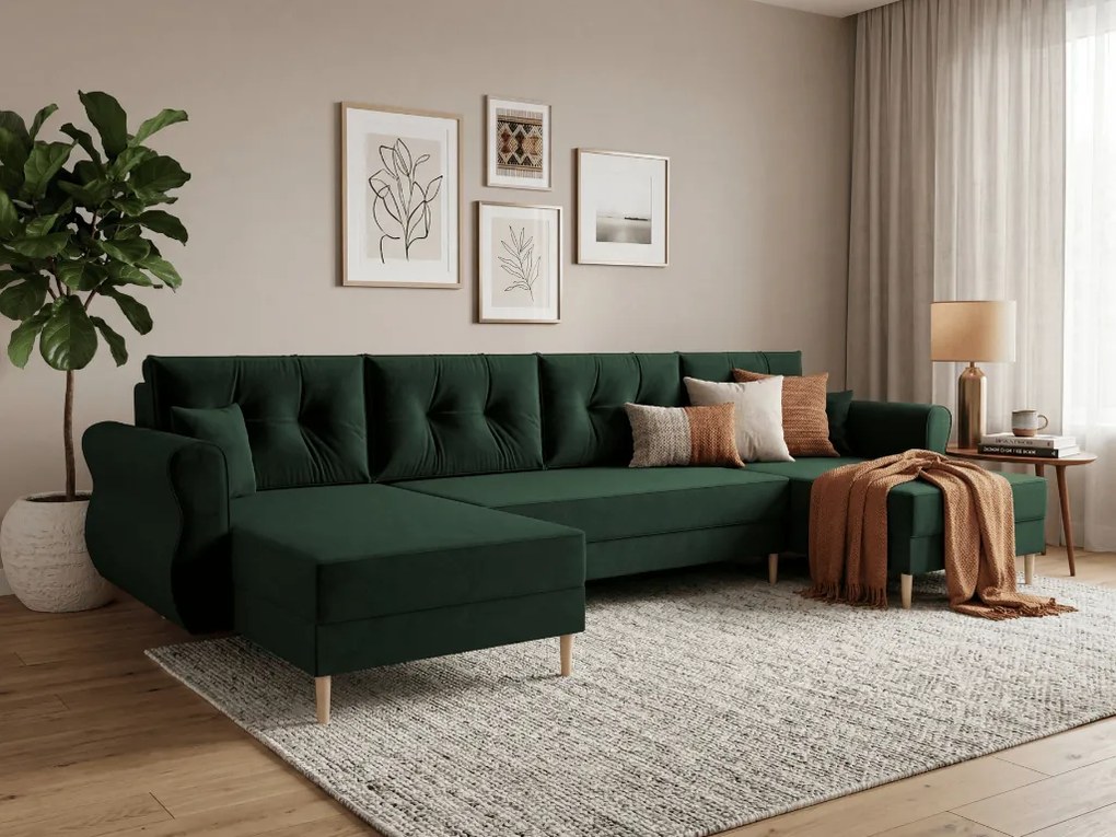 Rozkladacia sedacia súprava do U SILVIANO 300x140 cm, tmavozelená + 2 vankúšiky ZDARMA