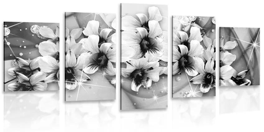 5-dielny obraz čiernobiele kvety na abstraktnom pozadí Varianta: 200x100