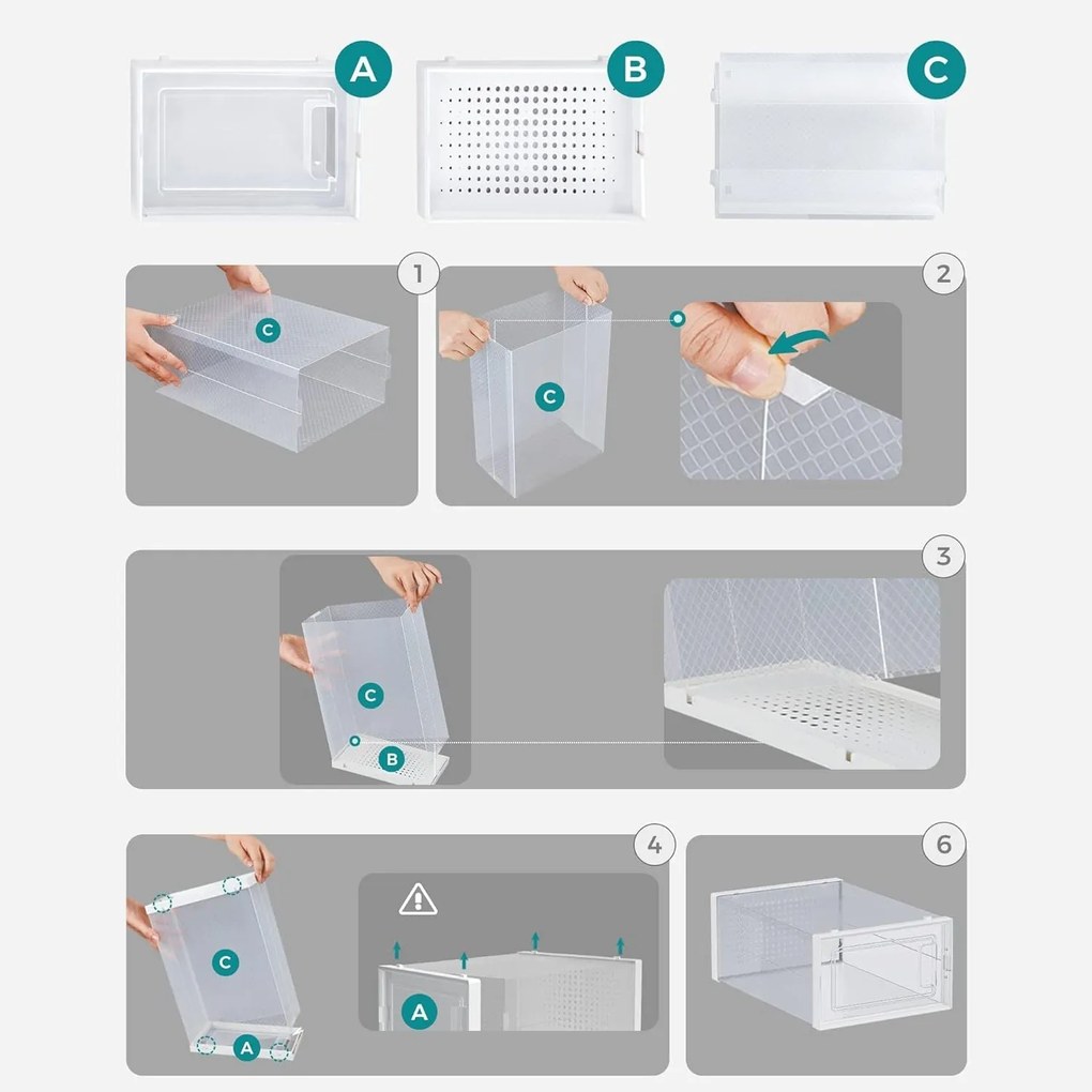 Boxy na topánky, balenie 18 ks, do veľkosti 46, stohovateľné, číre a biele