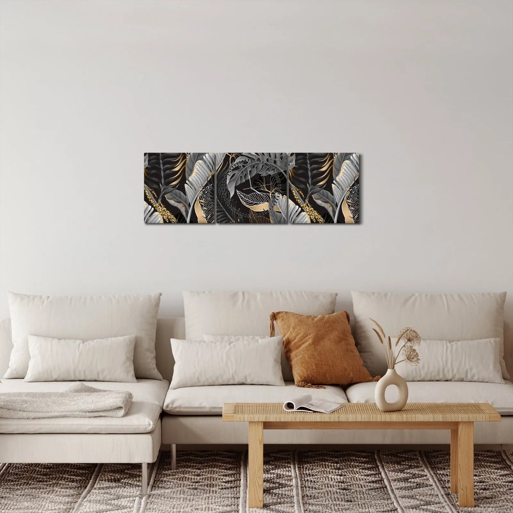 Obraz - Tropické listy v čierno-zlatej (s hodinami) (90x30 cm)