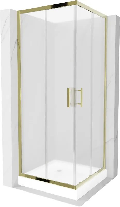 Mexen Rio, štvorcový sprchovací kút s posuvnými dverami 70(dvere) x 70(dvere) x 190 cm, 6mm sklo námraza, zlatý profil + biela sprchová vanička RIO, 860-070-070-50-30-4510