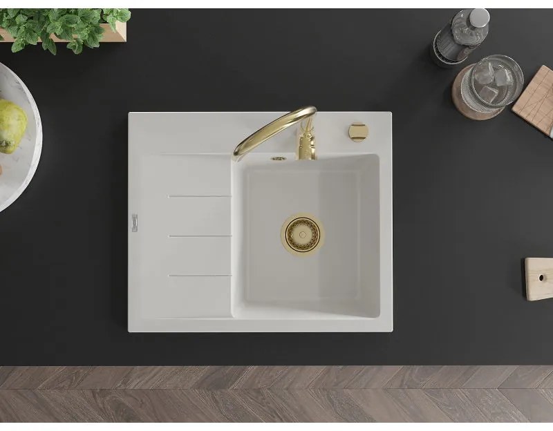 Mexen Ben, 1-komorový granitový drez 600x500x190 mm, pravý + zlatý sifón, biela, 6523605000-20-G