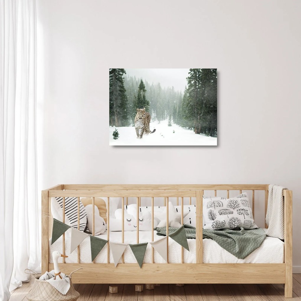 Sklenený obraz leoparda v snehu (70x50 cm)