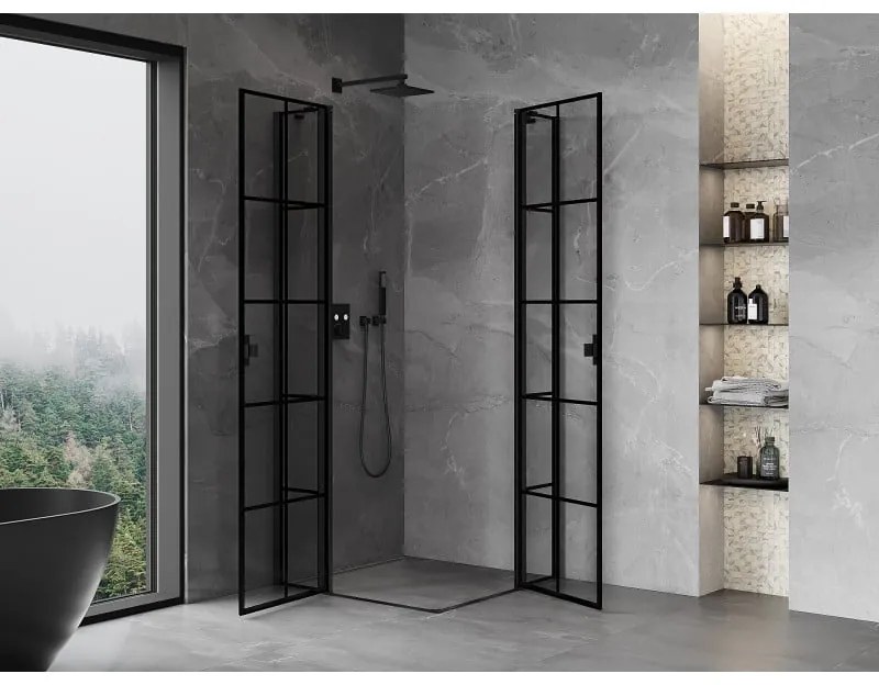 Mexen, Mexen Mist Duo výklopný sprchový kút 90 x 90 cm, čierna mriežka - 8A4-090L-090P-70-77