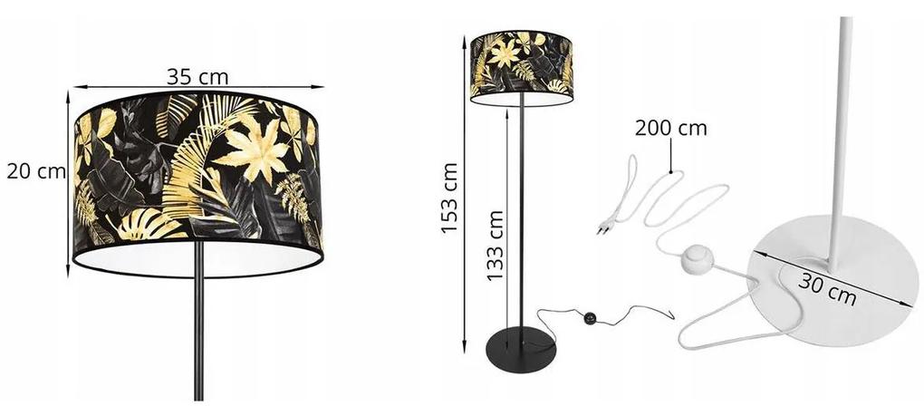 Stojacia lampa Gold flowers, 1x čierne textilné tienidlo s kvetinovým vzorom, (fi 35cm), o
