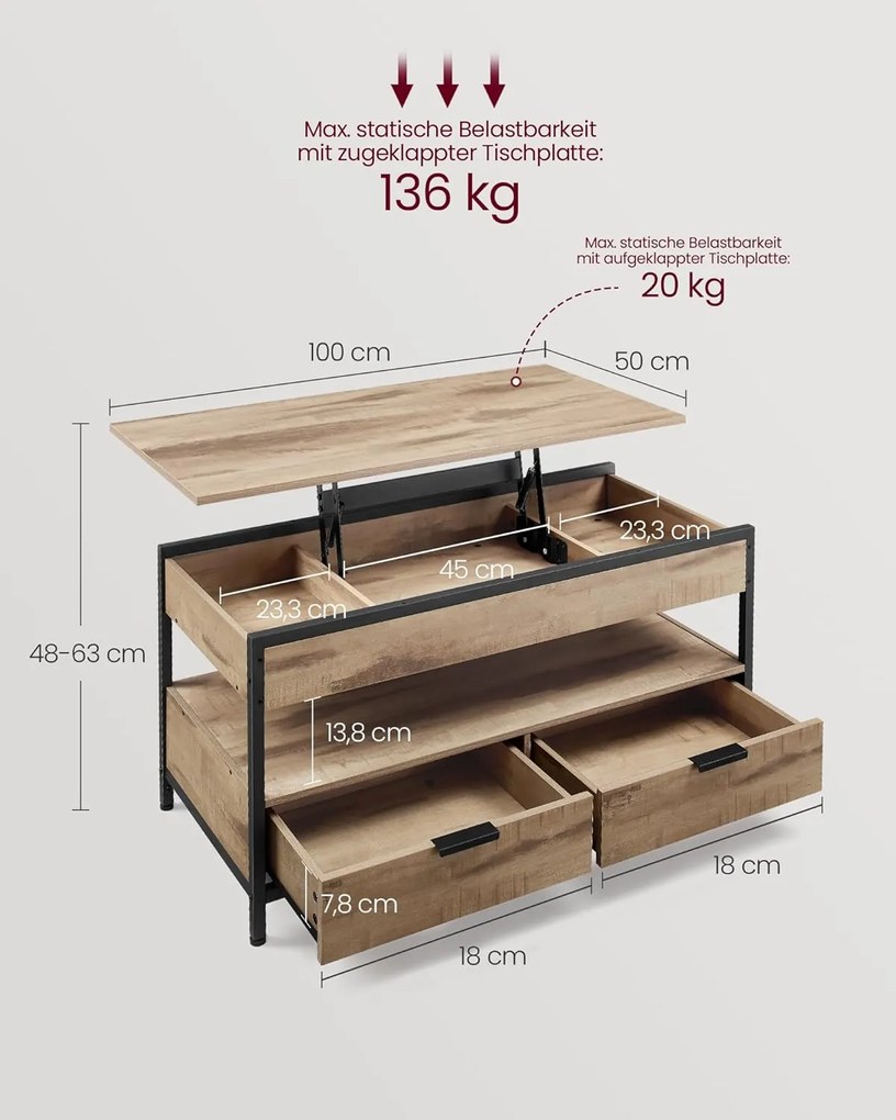 Konferenčný stolík, výškovo nastaviteľný, so zásuvkami, 50 x 100 cm, ťavohnedý