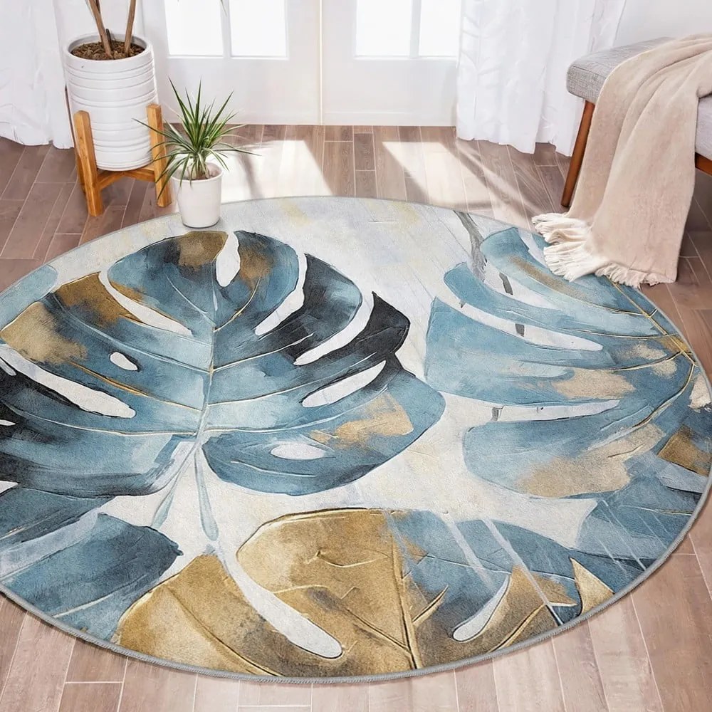 Modrý prateľný okrúhly koberec ø 150 cm Golden Leaves – Mila Home