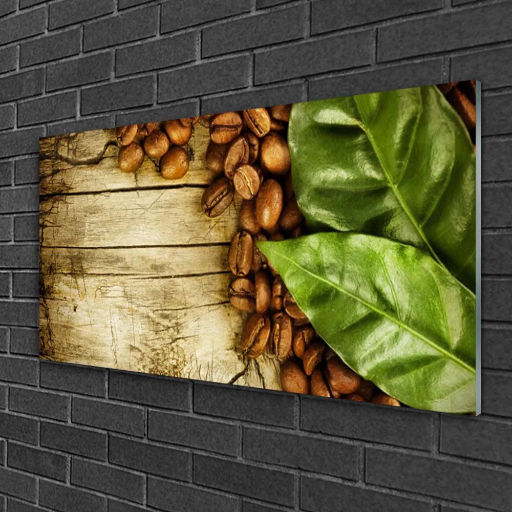Obraz na skle Zrnká káva listy kuchyňa 100x50 cm