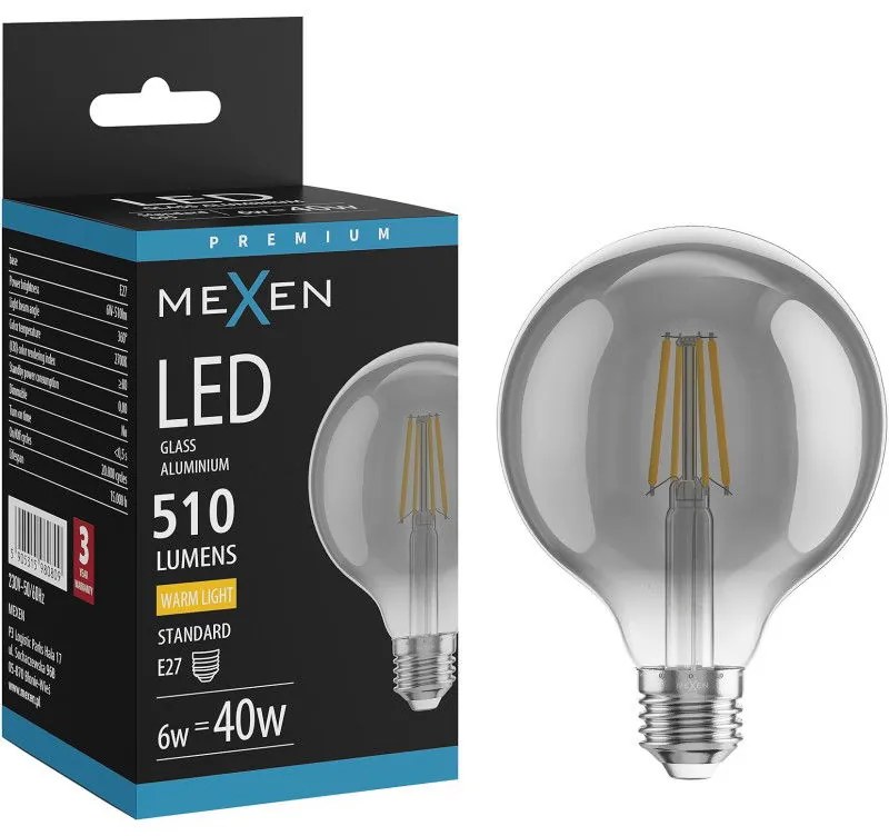 Mexen Vintis, LED žiarovka E27, G95, 6W, Teplá - 2700K, 510 lm, dymová - L157-E27-0627-70