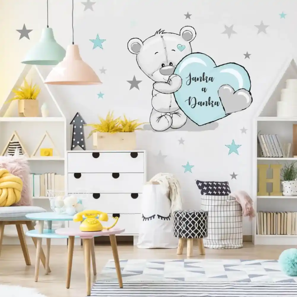 INSPIO Detské nálepky na stenu, mentolový medvedík s menom dieťaťa | BIANO