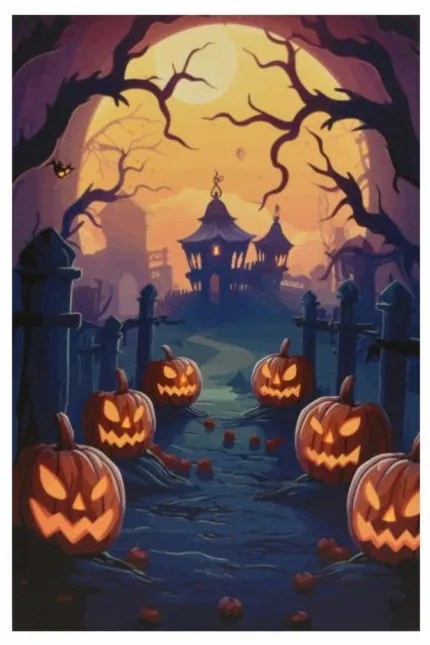 Nástenná maľba Pumpkin Cemetery, 9 LED diód, 60,5 x 40 cm