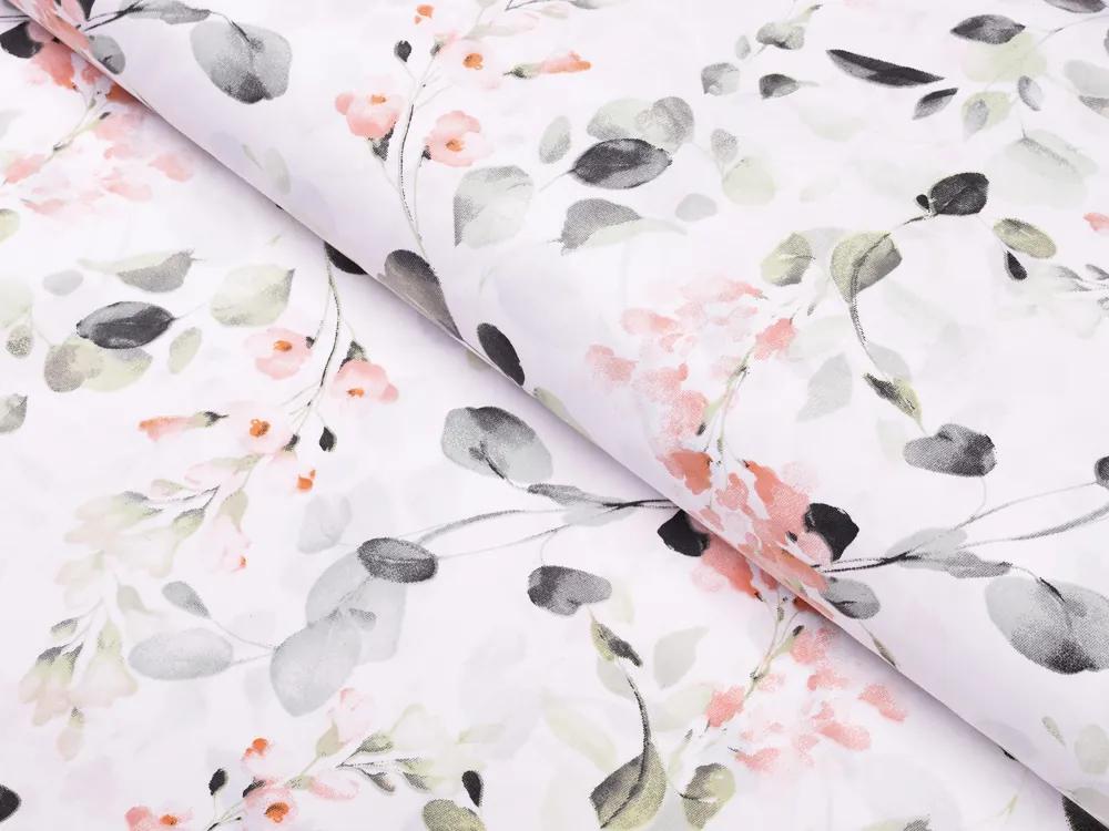Biante Detské bavlnené posteľné obliečky do postieľky Sandra SA-288 Eukalyptus s ružovými kvetmi na bielom Do postieľky 100x135 a 40x60 cm
