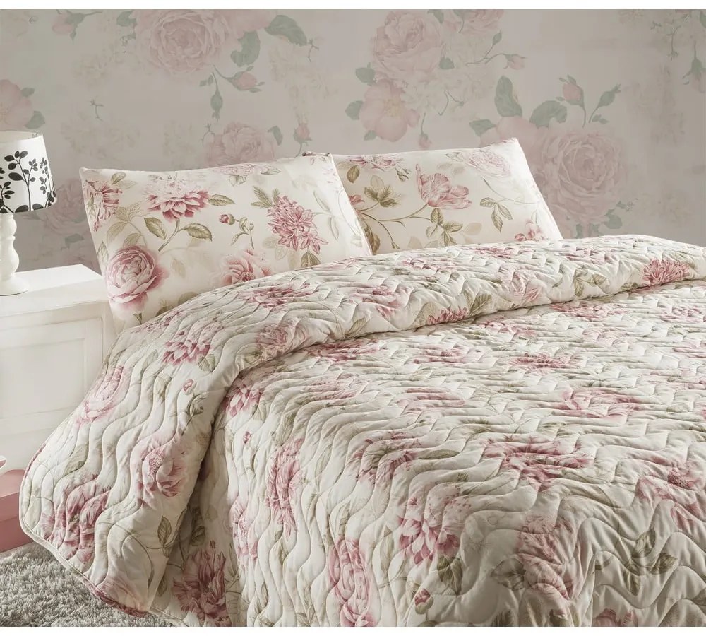 Set prešívaného prehozu a 2 obliečok na vankúše Eponj Home Care Pink, 240 x 220 cm