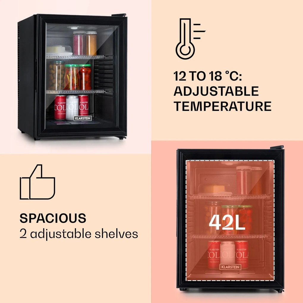 Klarstein Brooklyn 42, mini chladnička, sklenené dvere, LED osvetlenie, police