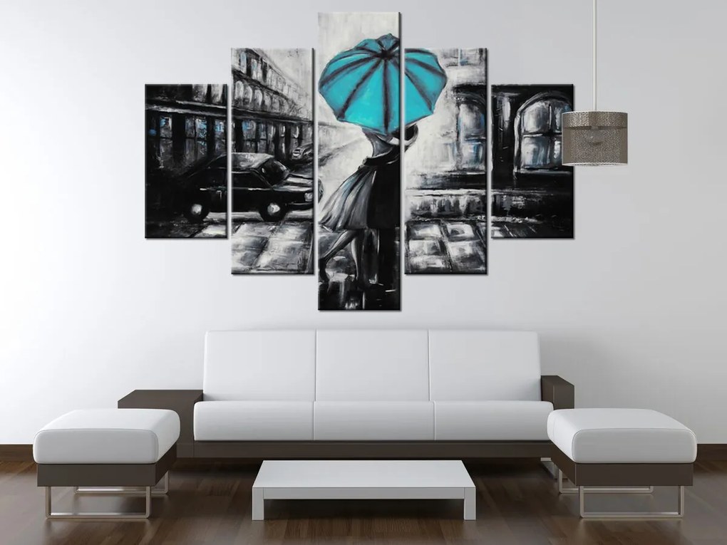 Gario Ručne maľovaný obraz Tyrkysový bozk v daždi - 5 dielny Rozmery: 150 x 70 cm
