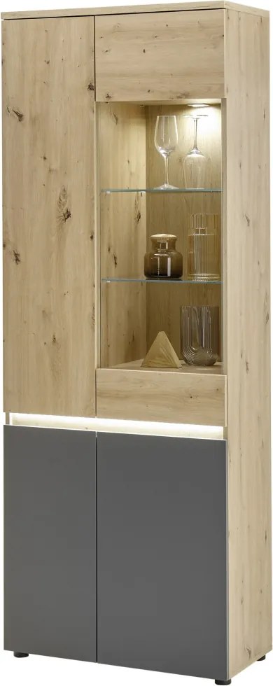 Vysoká vitrína Lille, dub artisan/antracit, s osvetlením