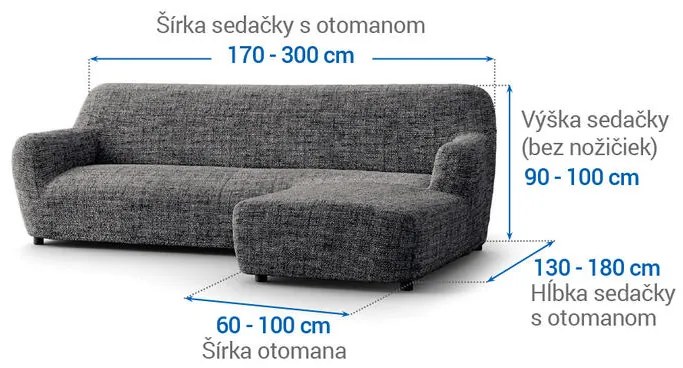 Bielastické poťahy VITTORIA šedá sedačka s otomanom vpravo (š. 170 - 300 cm)