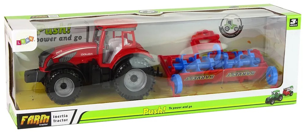 Lean Toys Červený traktor s pluhom na trecím pohonom