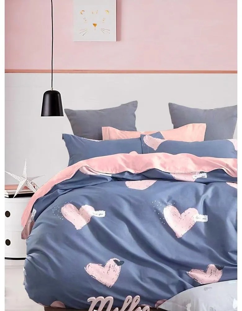 Modro-ružové predĺžené obliečky na dvojlôžko z bavlny Renforcé s plachtou/4-dielne 200x220 cm Beloved – Mila Home