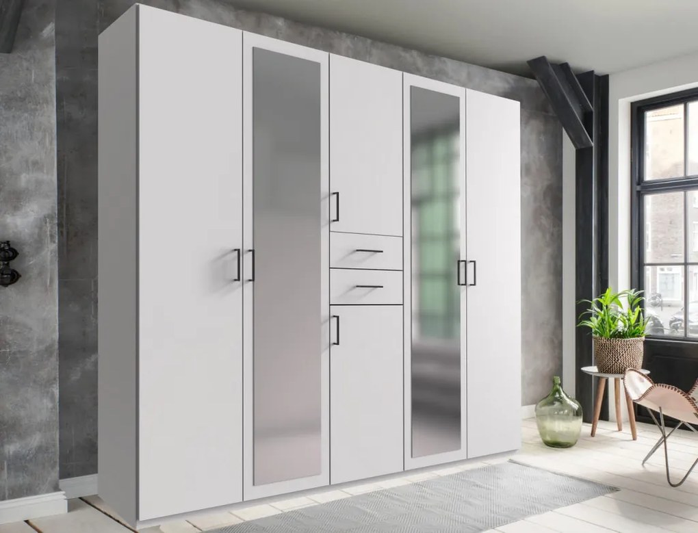 Šatníková skriňa so zrkadlami Düsseldorf, 225 cm, biela