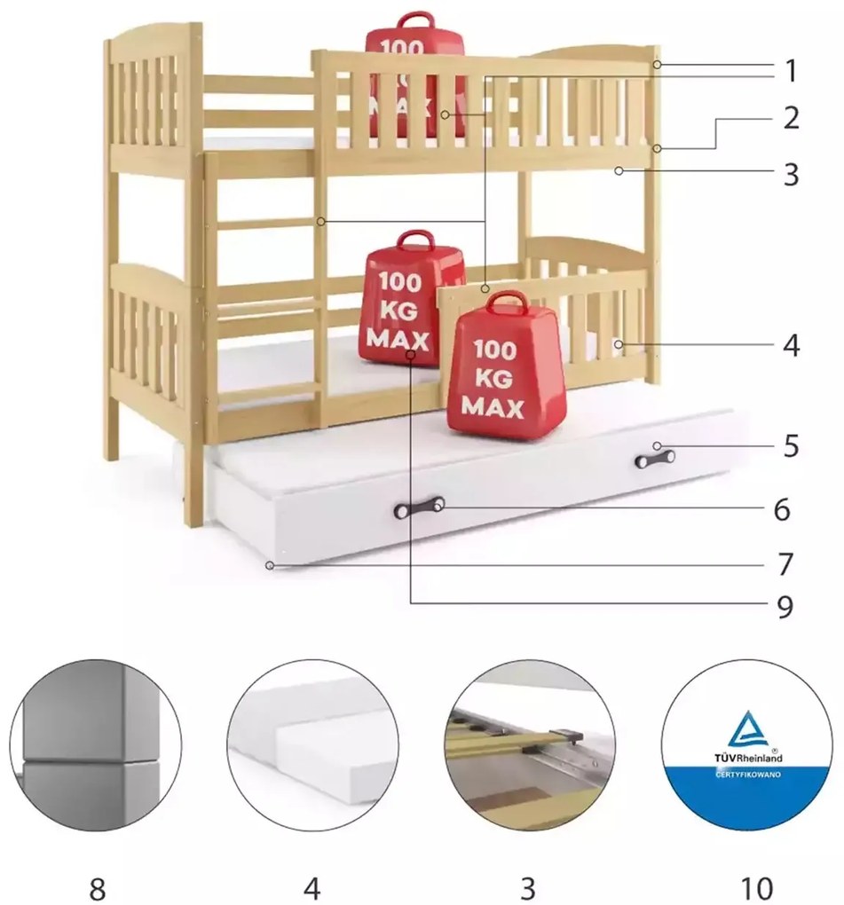 Poschodová posteľ s prístelkou KUBO 3 200x90 borovica - biela