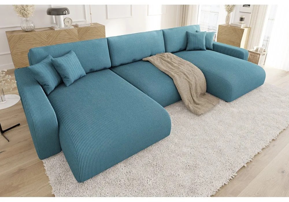 Tyrkysová menčestrová rozkladacia/s úložným priestorom rohová pohovka Sara – Ropez