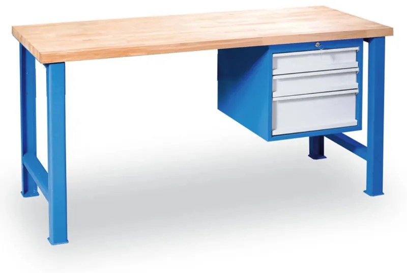 Dielenský pracovný stôl GD so závesným boxom na náradie, buková škárovka, 3 zásuvky, 1200 x 685 x 850 mm, modrá