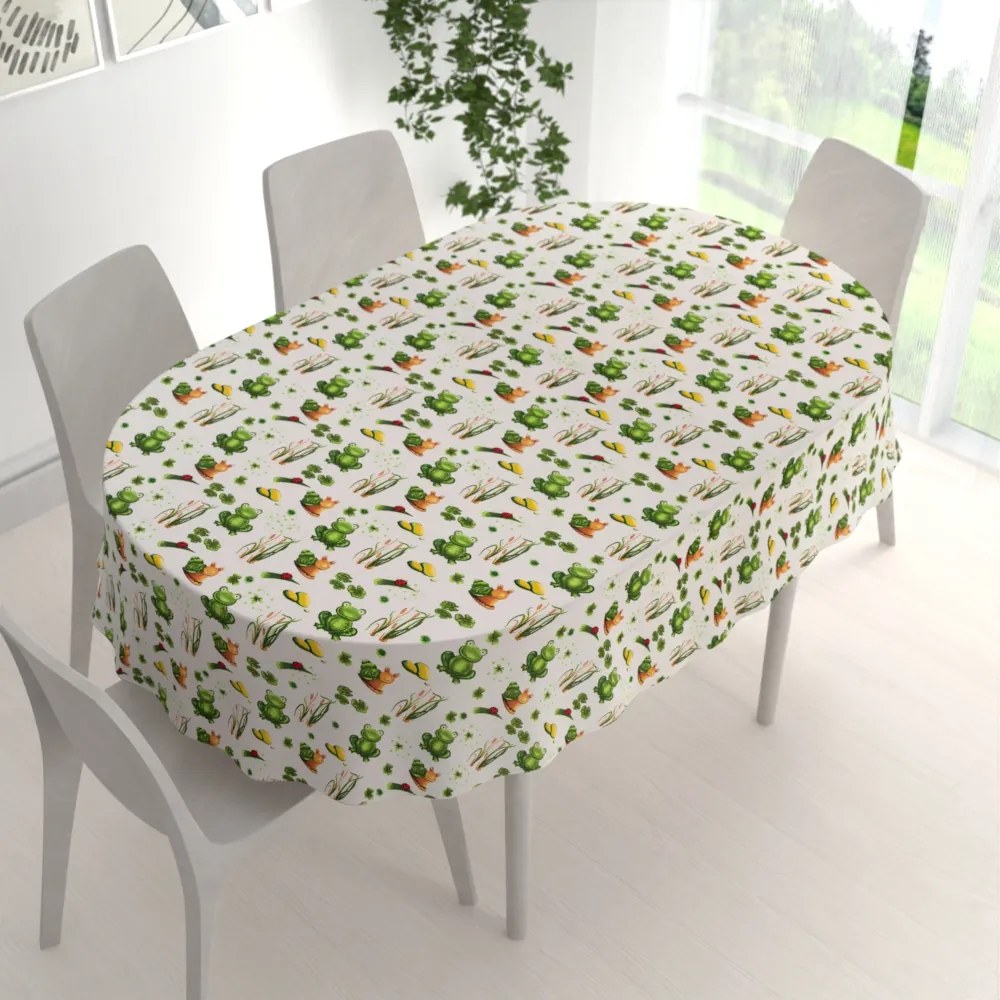 Biante Detský bavlnený oválny obrus Sandra SA-609 Žabky a slimáky na bielom 50x100 cm