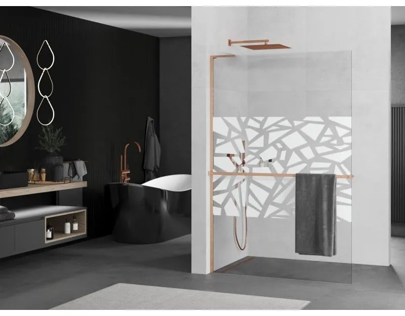 Mexen Kioto+ L, sprchová zástena Walk-In s poličkou a vešiakom 80 x 200 cm, 8mm číre sklo biely vzor, medený matný profil, 800-080-123-65-85