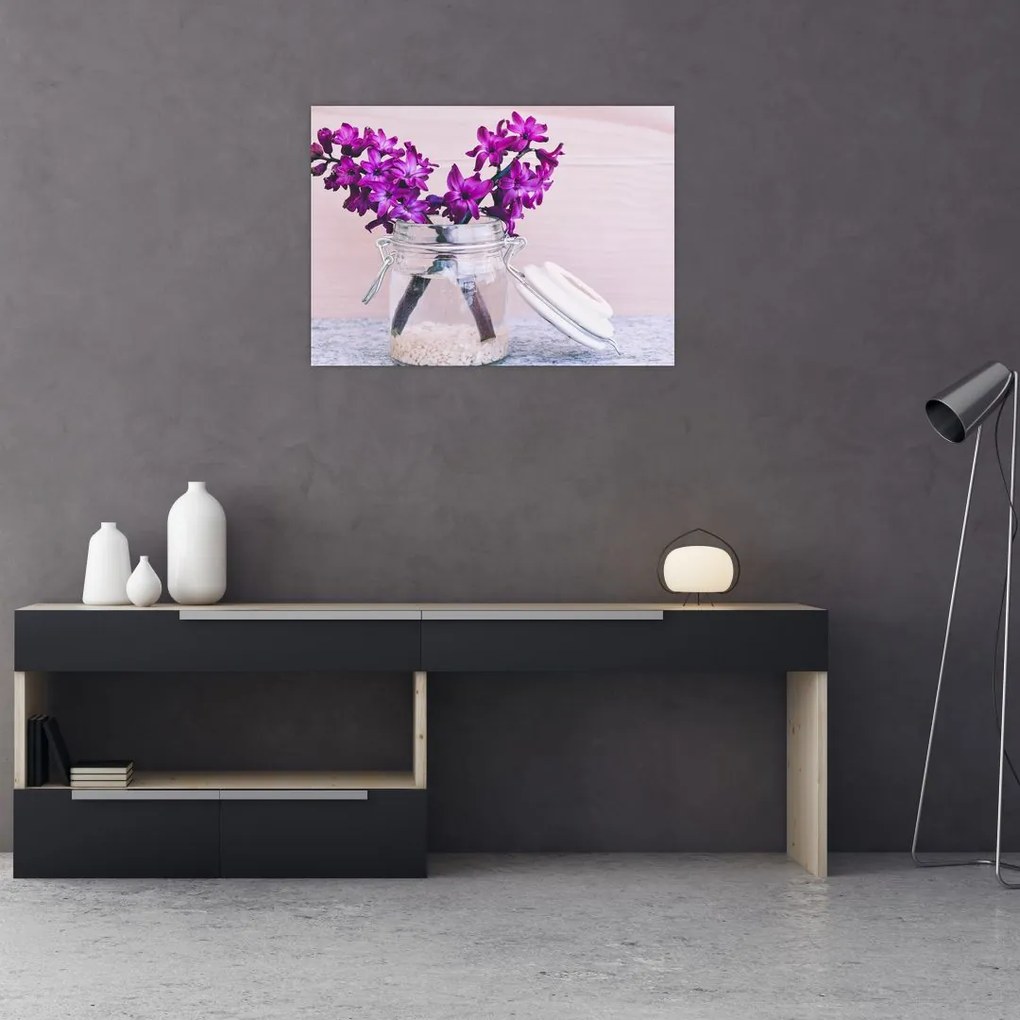 Sklenený obraz fialových kvetín (70x50 cm)