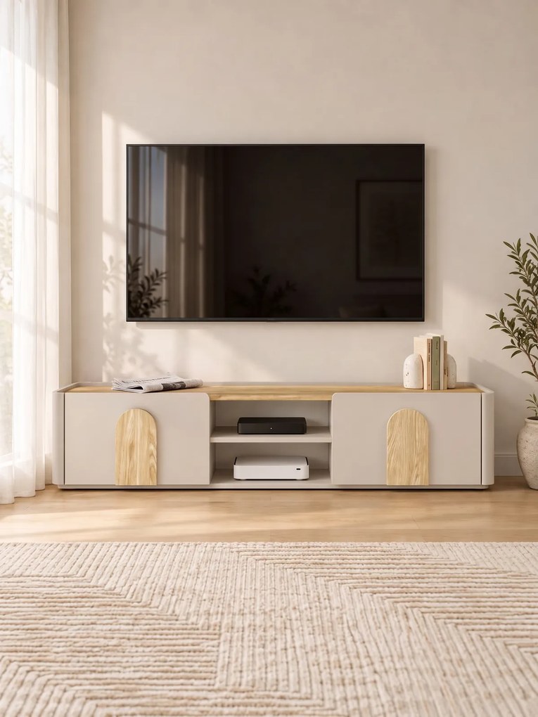 TV skrinka so zásuvkou Amilio 170 cm - kašmír / olejovaný dub / úchytky svetlý dub