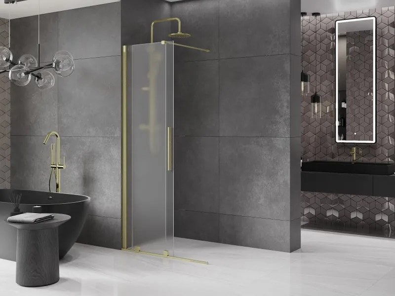 Mexen Velar, sprchová zástena s posuvnými dverami Walk-in 100 x 200 cm, 8mm sklo námraza, zlatá matná, 871-100-000-33-55