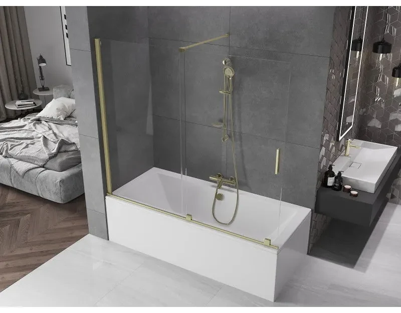 Mexen Velar, 2-krídlová posuvná vaňová zástena 180 x 150 cm, 8mm číre sklo, zlatý matný profil, 896-180-000-01-55