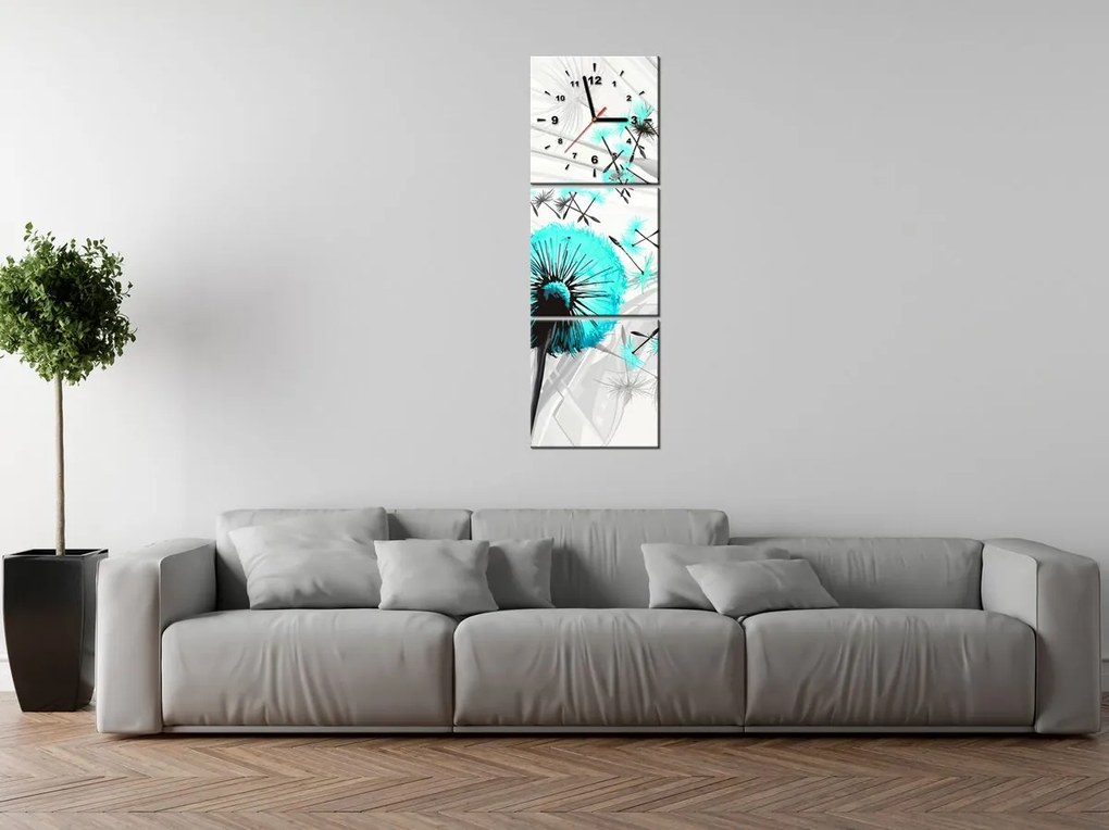 Gario Obraz s hodinami Krásne tyrkysové púpavy - 3 dielny Rozmery: 80 x 40 cm