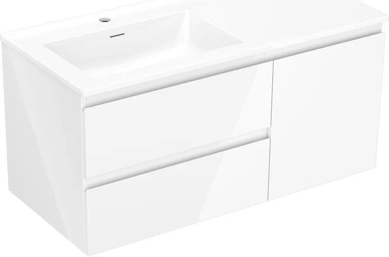 Mexen Orio, kúpeľňová skrinka 100 cm s ľavým umývadlom Otis, 2S, 1D, biela lesklá, 91A13-10047-3-BBFFF00-W18L00