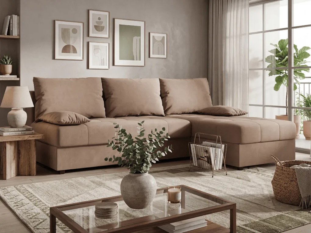 Rozkladacia obojstranná sedacia súprava do L VENORIA SLIM 200x143 cm, béžová + 2 vankúšiky ZDARMA