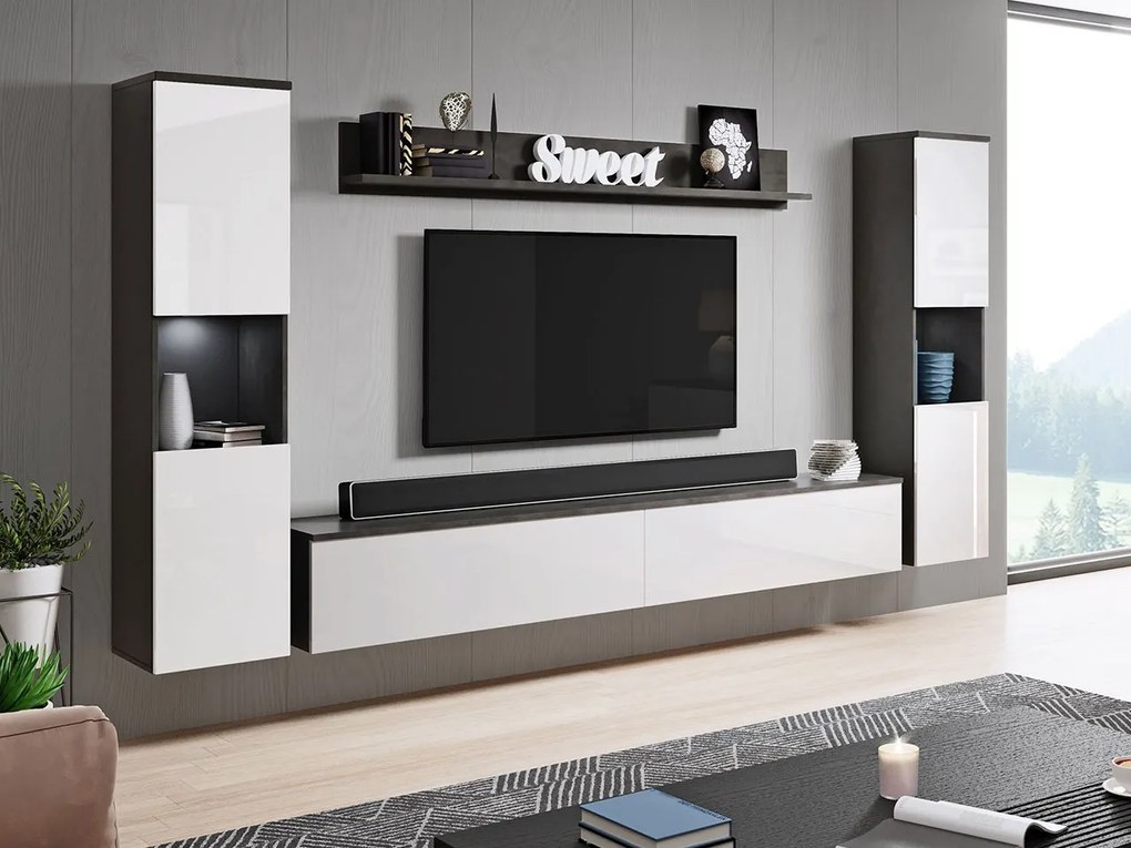 Obývacia stena Bamisio XL, Farby: biela / biely lesk, Osvetlenie: osvetlenie LED biele