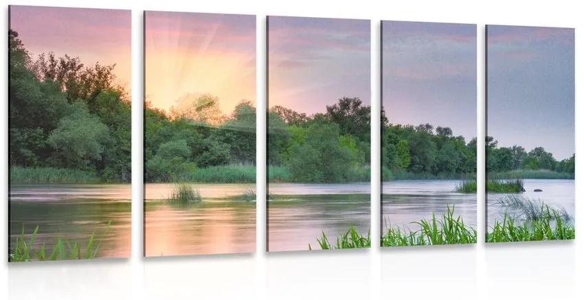 5-dielny obraz východ slnka pri rieke - 100x50