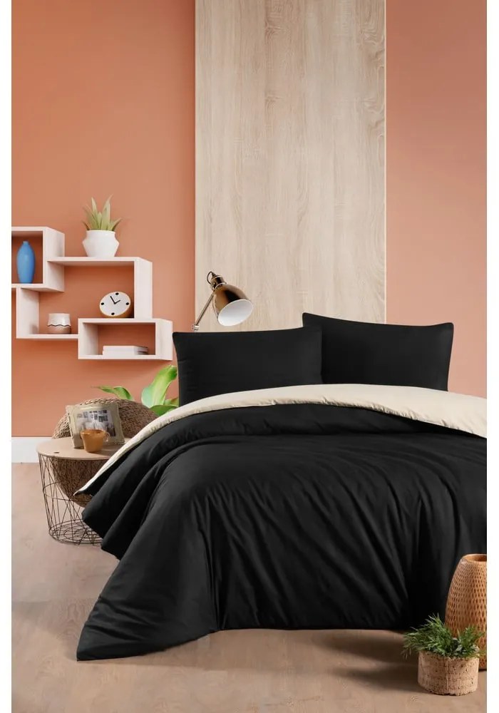 Čierno-krémové bavlnené obliečky na dvojlôžko/predĺžené s plachtou 200x220 cm - Mila Home