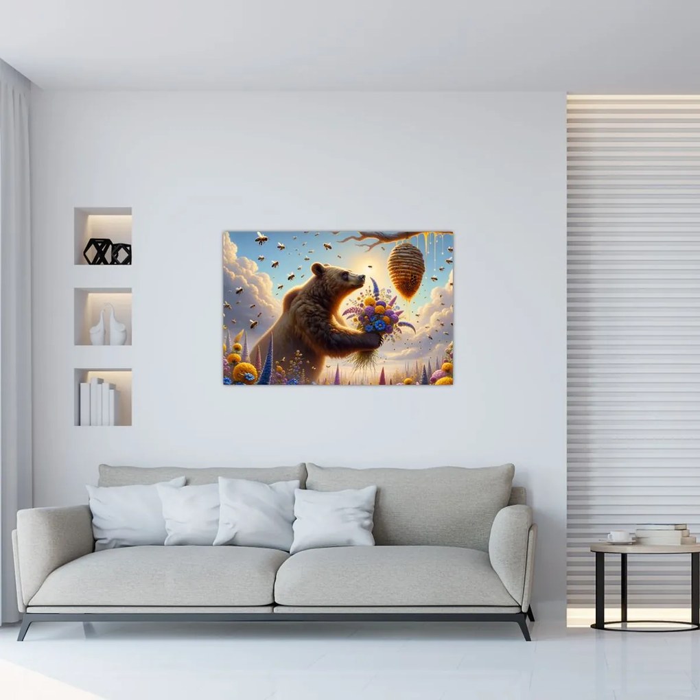 Obraz - Medveď a včielky (90x60 cm)