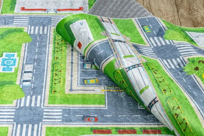 Detský koberec protišmykový BAMBINO 2624 Mesto, zelený / sivý