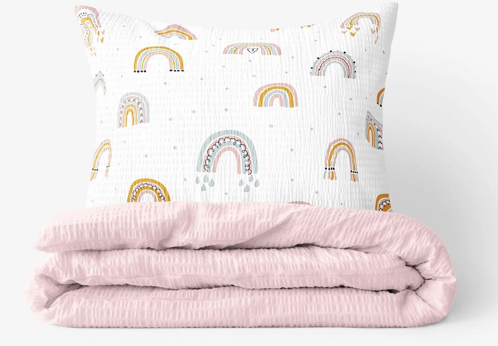 Goldea detské krepové obliečky duo - maľované dúhy s púdrovo ružovou 150 x 200 a 50 x 60 cm